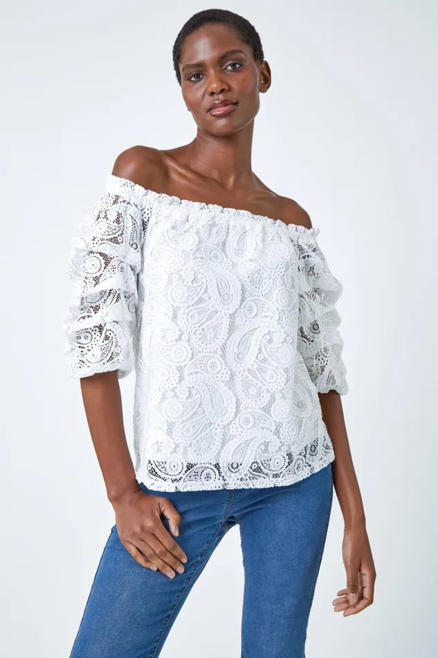 Women Ivory Paisley Lace Ruched Sleeve Bardot Top Roman Tops