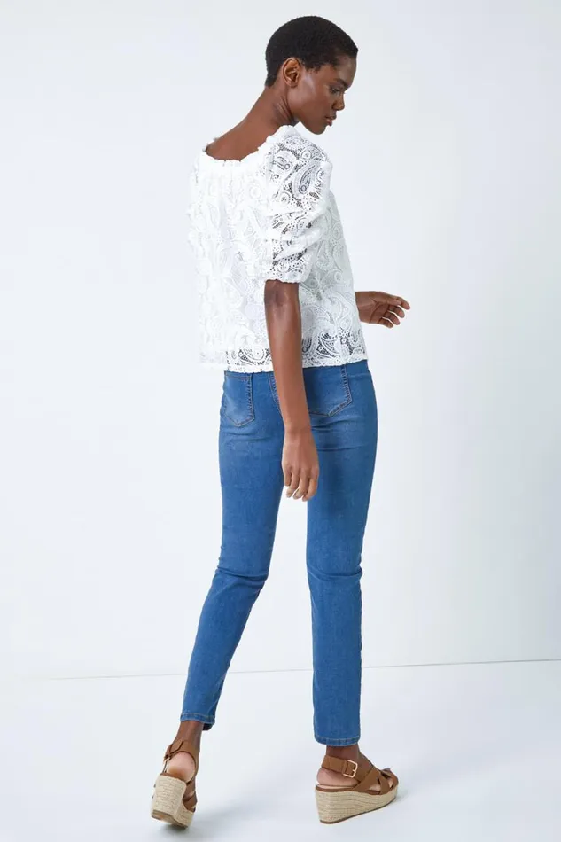 Women Ivory Paisley Lace Ruched Sleeve Bardot Top Roman Tops