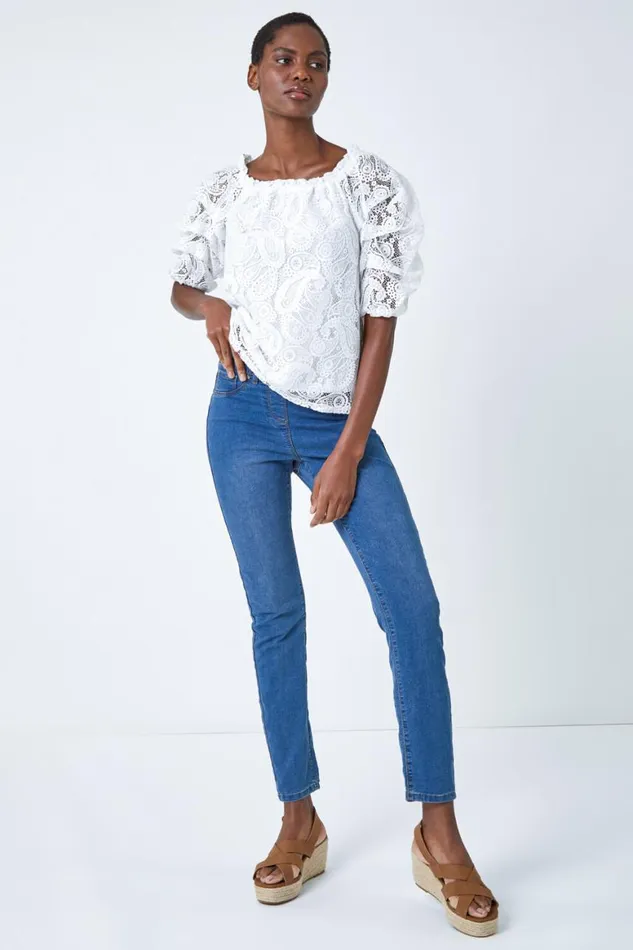 Women Ivory Paisley Lace Ruched Sleeve Bardot Top Roman Tops