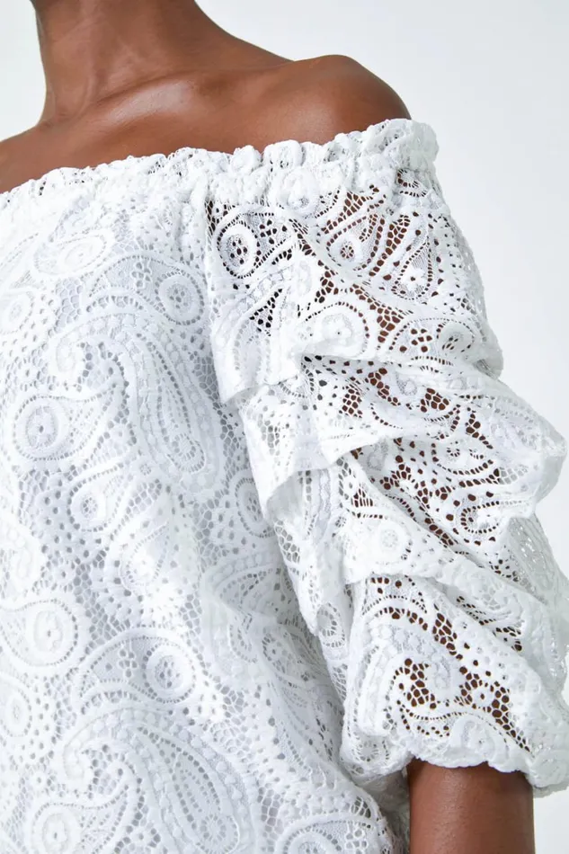 Women Ivory Paisley Lace Ruched Sleeve Bardot Top Roman Tops