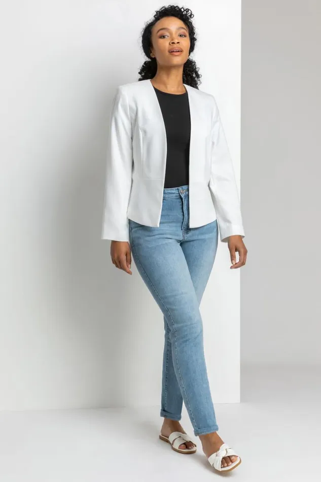 Women Ivory Petite Button Detail Textured Jacket Roman Jackets