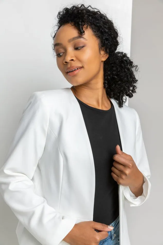 Women Ivory Petite Button Detail Textured Jacket Roman Jackets
