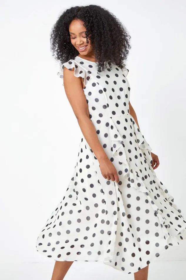 Women Ivory Petite Polka Dot Chiffon Ruffle Midi Dress Roman Dresses