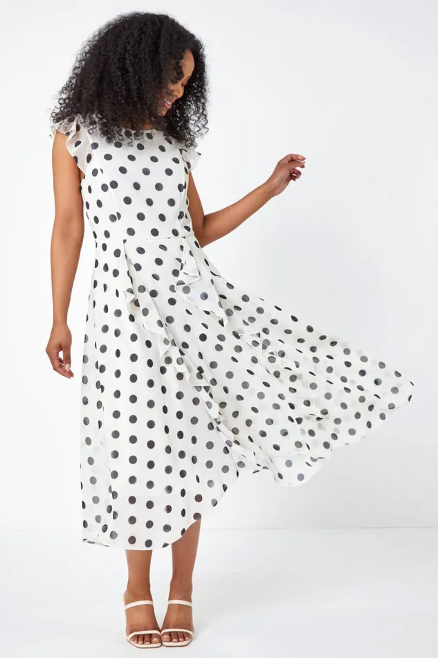 Women Ivory Petite Polka Dot Chiffon Ruffle Midi Dress Roman Dresses