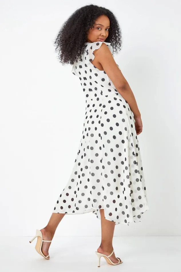 Women Ivory Petite Polka Dot Chiffon Ruffle Midi Dress Roman Dresses