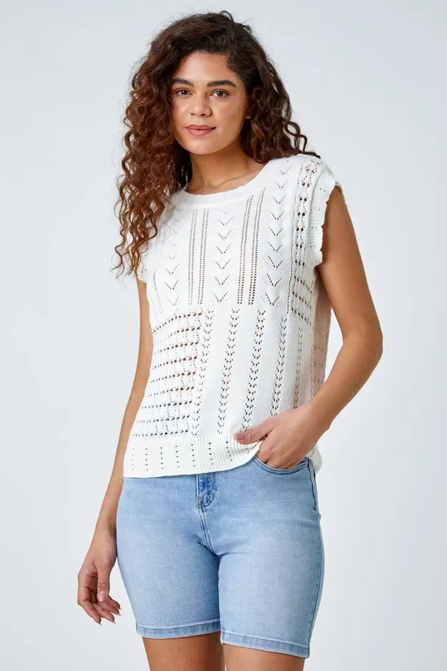 Women Ivory Pointelle Cotton Blend Knitted Vest Roman Tops