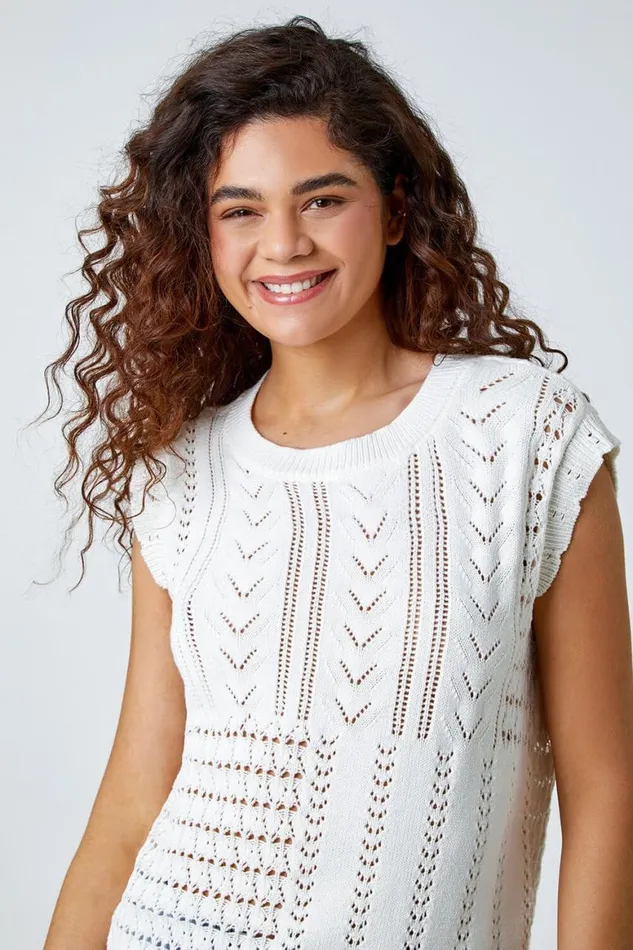 Women Ivory Pointelle Cotton Blend Knitted Vest Roman Tops