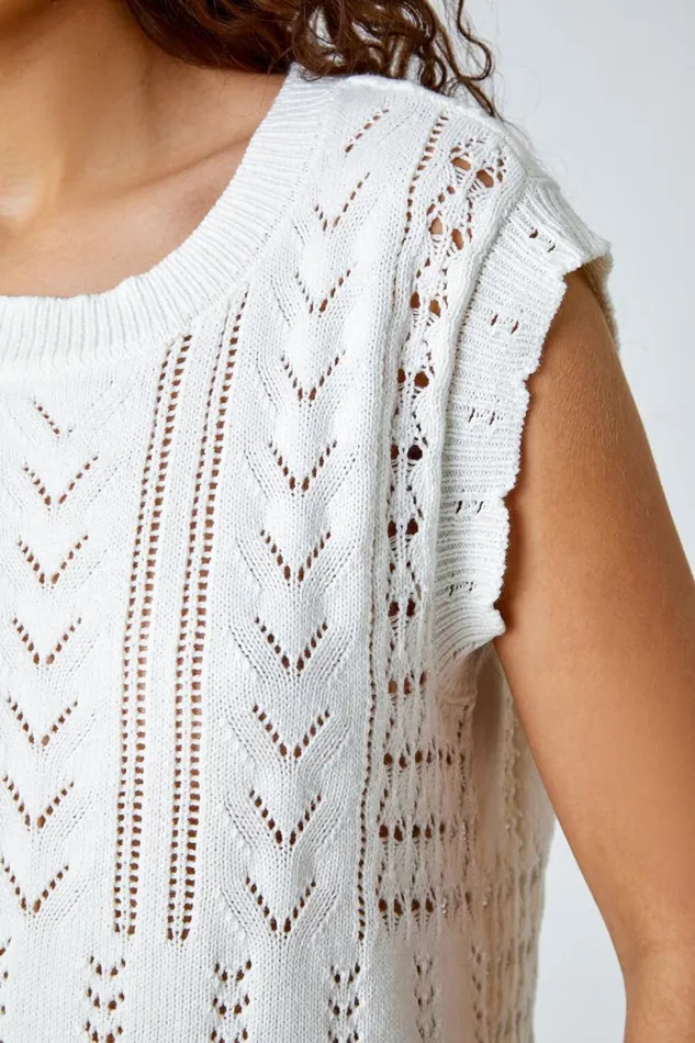 Women Ivory Pointelle Cotton Blend Knitted Vest Roman Tops