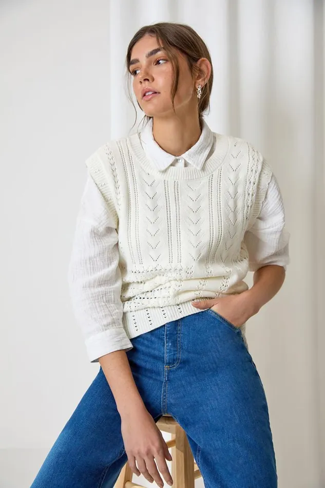 Women Ivory Pointelle Cotton Blend Knitted Vest Roman Tops
