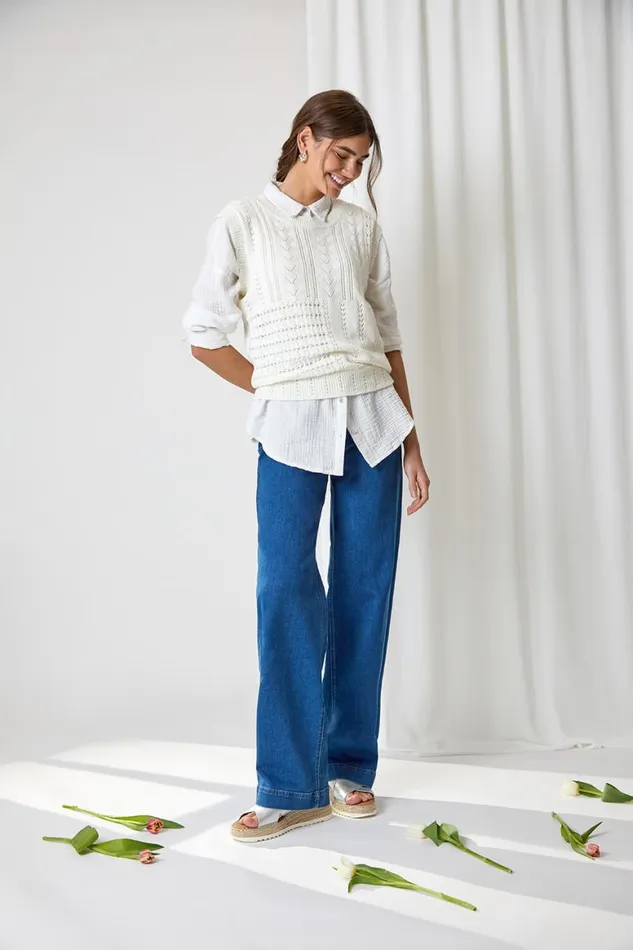 Women Ivory Pointelle Cotton Blend Knitted Vest Roman Tops