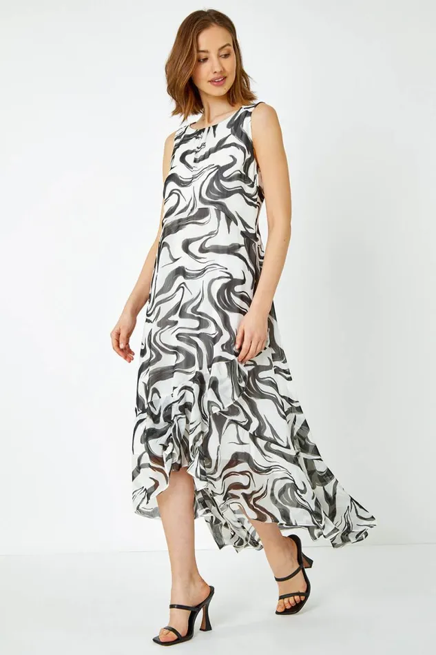 Women Ivory Swirl Print Chiffon Midi Dress Roman Dresses