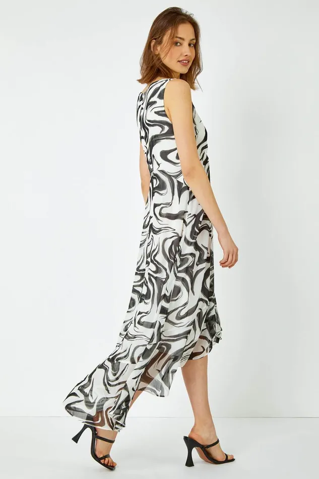 Women Ivory Swirl Print Chiffon Midi Dress Roman Dresses