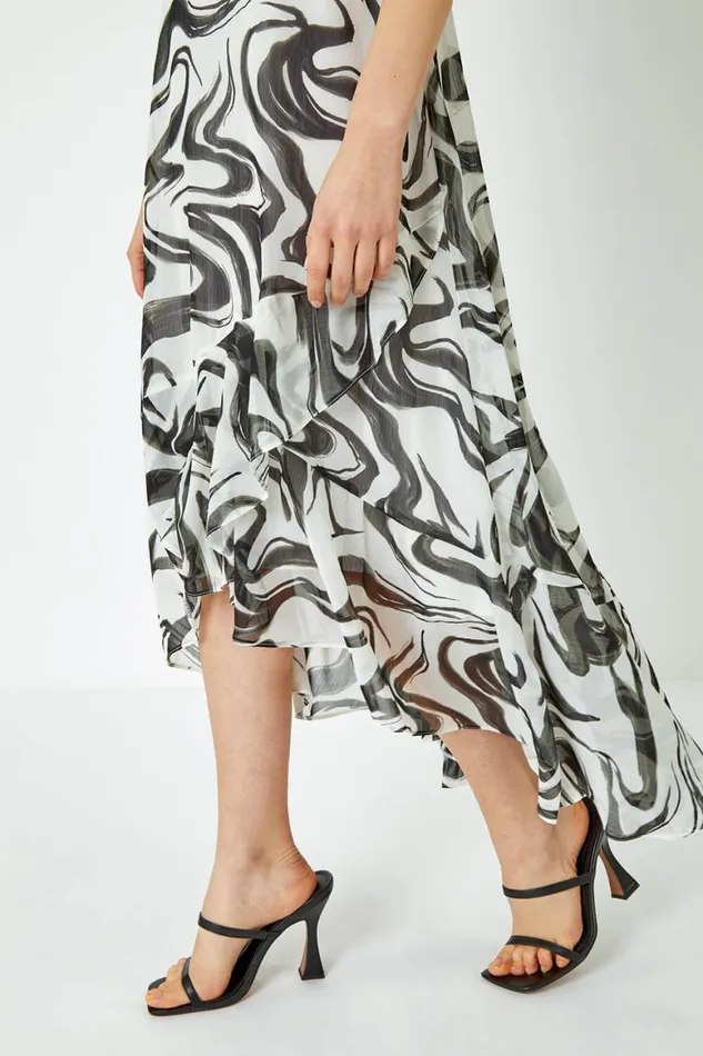 Women Ivory Swirl Print Chiffon Midi Dress Roman Dresses