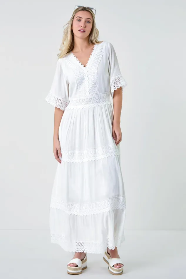 Women Ivory Tiered Lace Detail Maxi Dress Roman Dresses