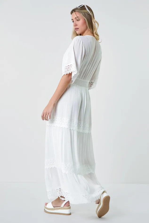 Women Ivory Tiered Lace Detail Maxi Dress Roman Dresses
