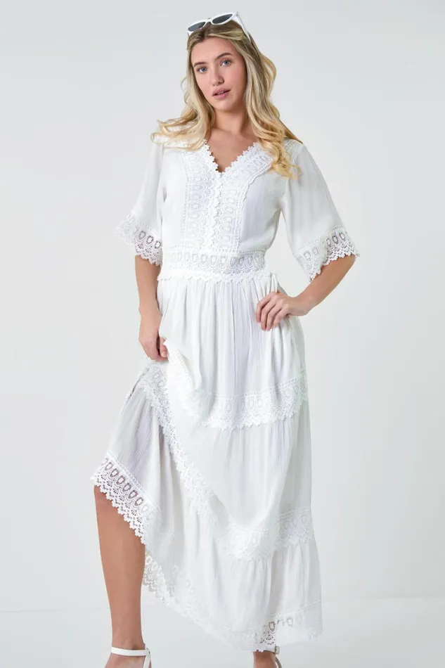 Women Ivory Tiered Lace Detail Maxi Dress Roman Dresses