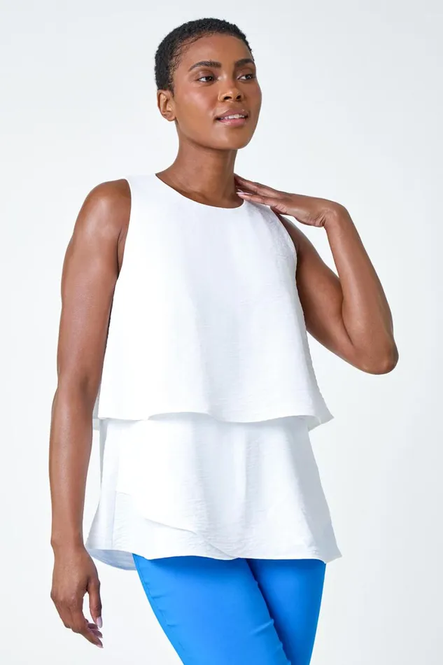 Women Ivory Tiered Sleeveless Vest Top Roman Tops
