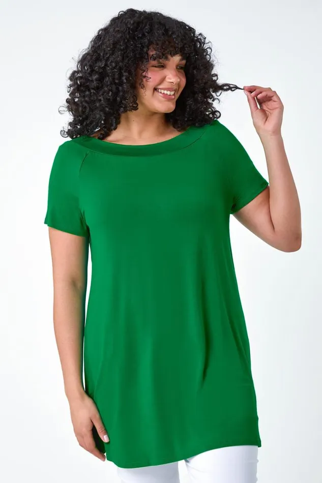 Women Jade Curve Stretch Bardot Longline Tunic Top Roman Tops