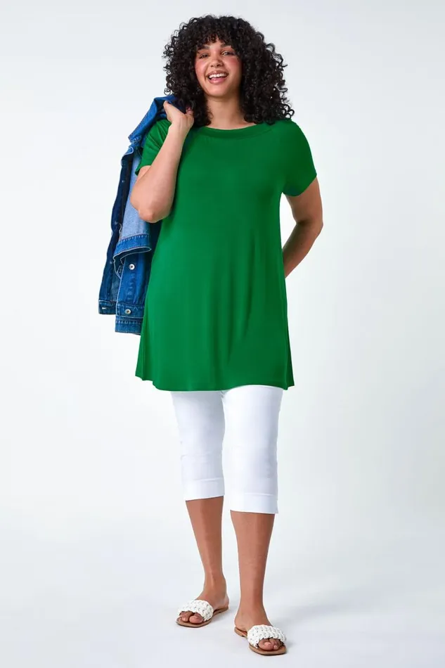 Women Jade Curve Stretch Bardot Longline Tunic Top Roman Tops