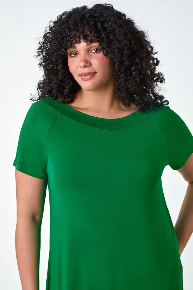 Women Jade Curve Stretch Bardot Longline Tunic Top Roman Tops
