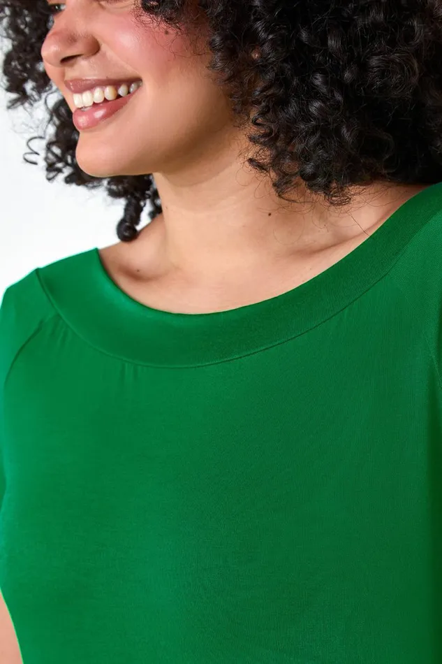 Women Jade Curve Stretch Bardot Longline Tunic Top Roman Tops
