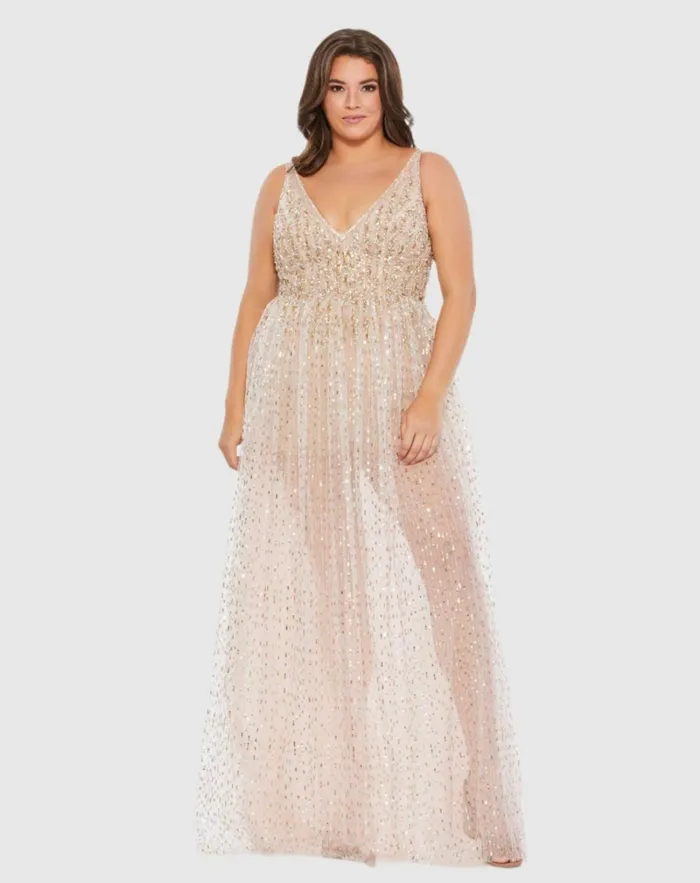 Women Jumpsuits and Rompers Mac Duggal Beaded Sleeveless V Neck Sheer Overlay Romper Plus Nude Gold Women Jumpsuits and Rompers Mac Duggal Beaded Sleeveless V Neck Sheer Overlay Romper Plus Nude Gold