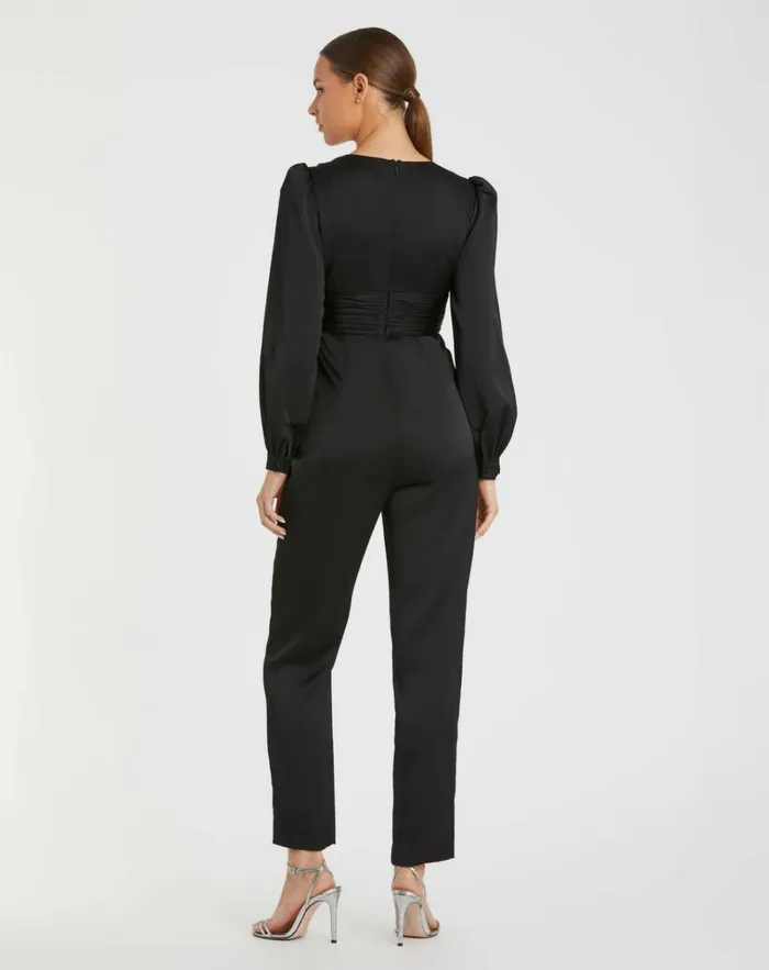 Women Jumpsuits and Rompers Mac Duggal Black Front Twist Puff Sleeve Deep V Jumpsuit Black