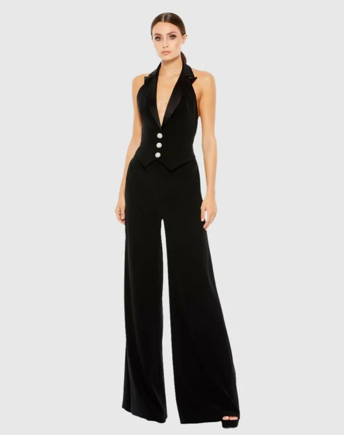 Women Jumpsuits and Rompers Mac Duggal Black Tuxedo Halter Jumpsuit Jet Black
