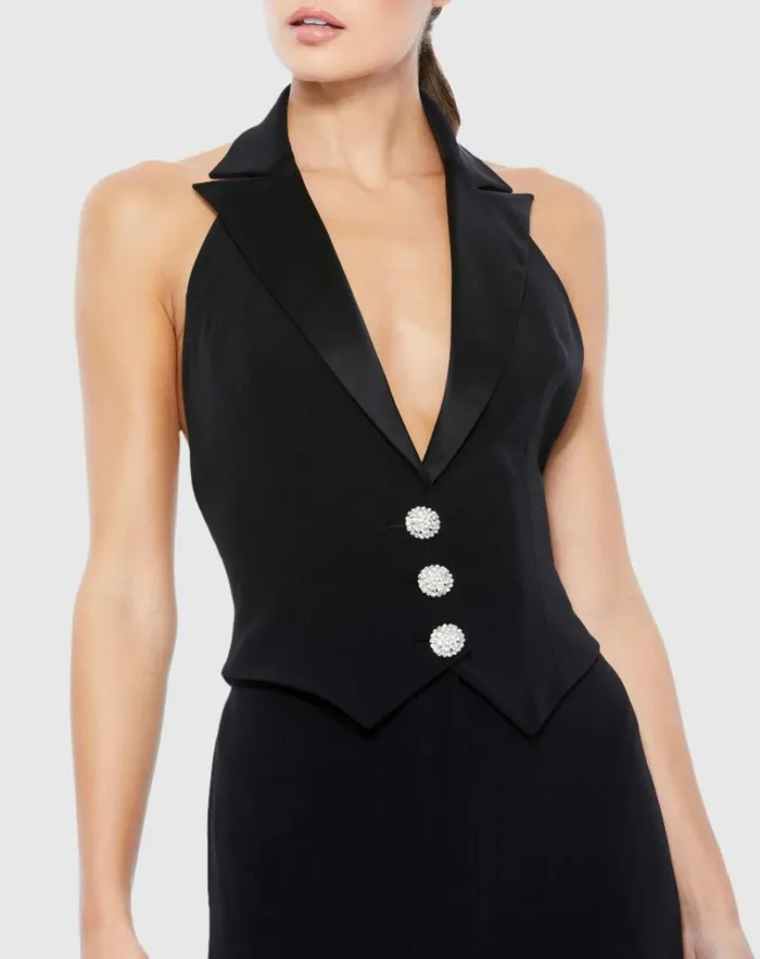 Women Jumpsuits and Rompers Mac Duggal Black Tuxedo Halter Jumpsuit Jet Black
