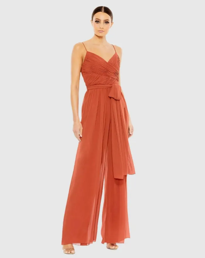 Women Jumpsuits and Rompers Mac Duggal Orange Ruched Sleeveless Tie Jumpsuit Cinnamon