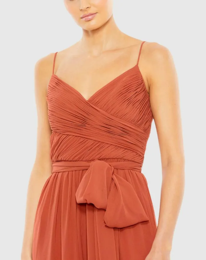 Women Jumpsuits and Rompers Mac Duggal Orange Ruched Sleeveless Tie Jumpsuit Cinnamon