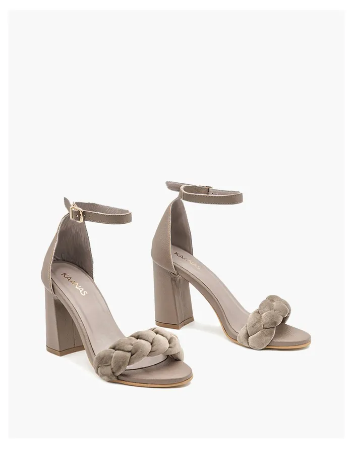 Women KAANAS Soho Chunky Velvet Braid Heel With Ankle Tie Taupe Madewell Heels