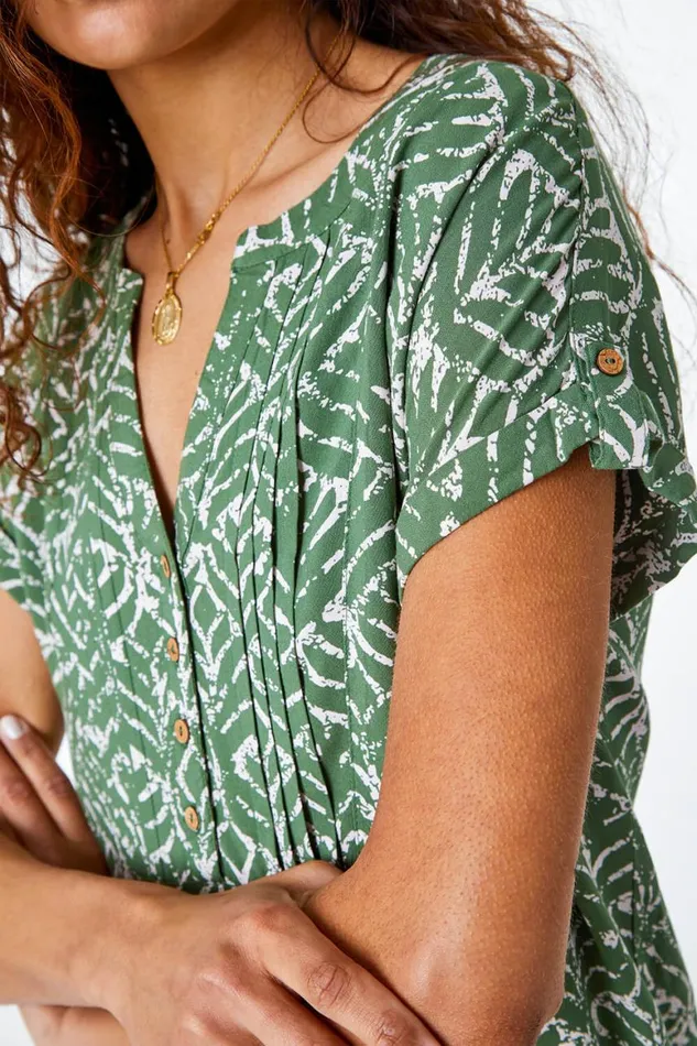 Women Khaki Abstract Print Button Detail VNeck Top Roman Tops