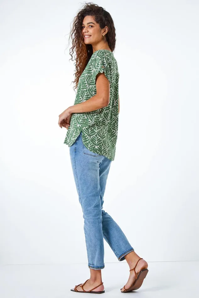 Women Khaki Abstract Print Button Detail VNeck Top Roman Tops