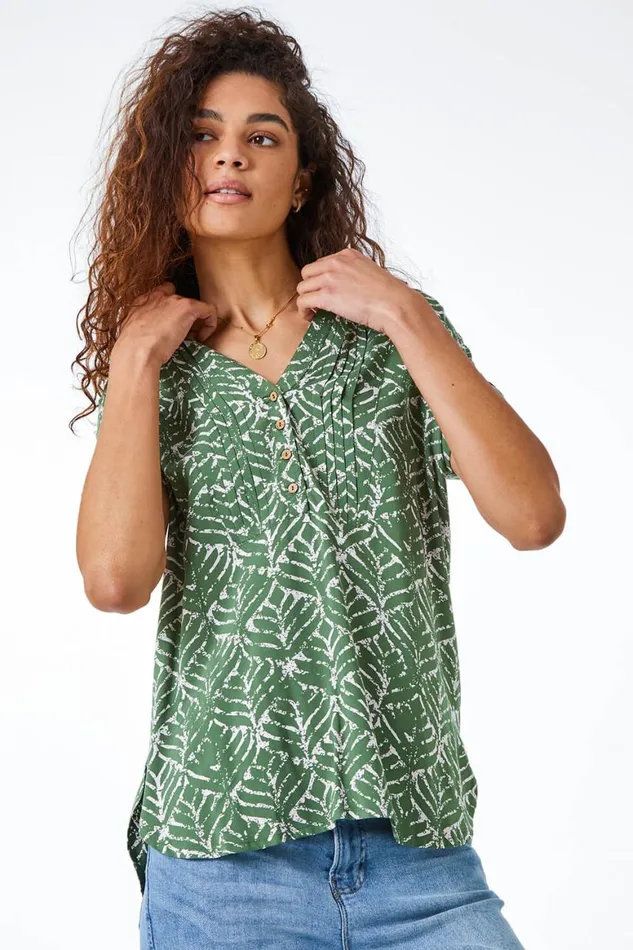 Women Khaki Abstract Print Button Detail VNeck Top Roman Tops
