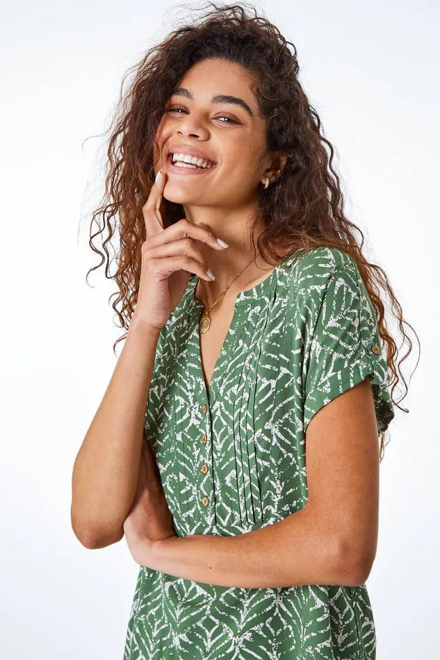 Women Khaki Abstract Print Button Detail VNeck Top Roman Tops