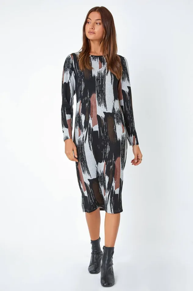 Women Khaki Abstract Print Midi Stretch Dress Roman Dresses