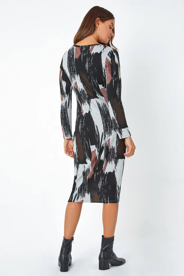 Women Khaki Abstract Print Midi Stretch Dress Roman Dresses