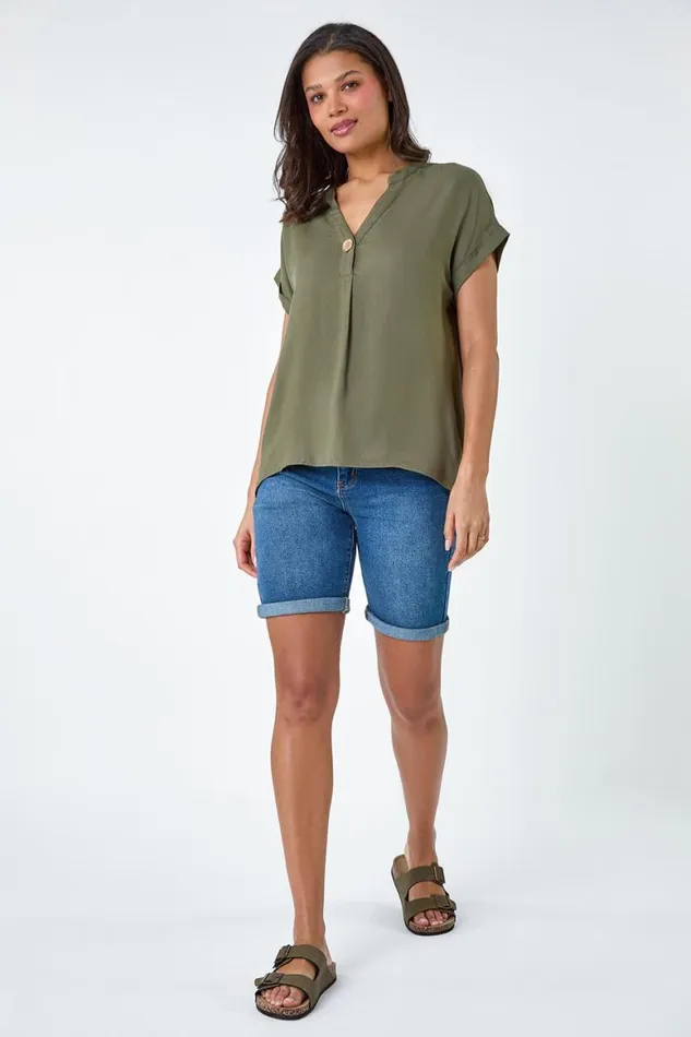 Women Khaki Crystal Button Detail VNeck Top Roman Tops