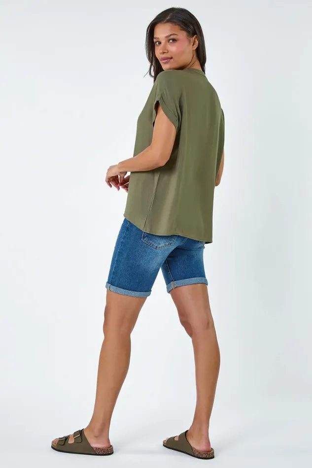 Women Khaki Crystal Button Detail VNeck Top Roman Tops