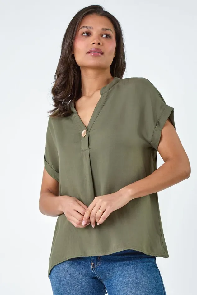 Women Khaki Crystal Button Detail VNeck Top Roman Tops