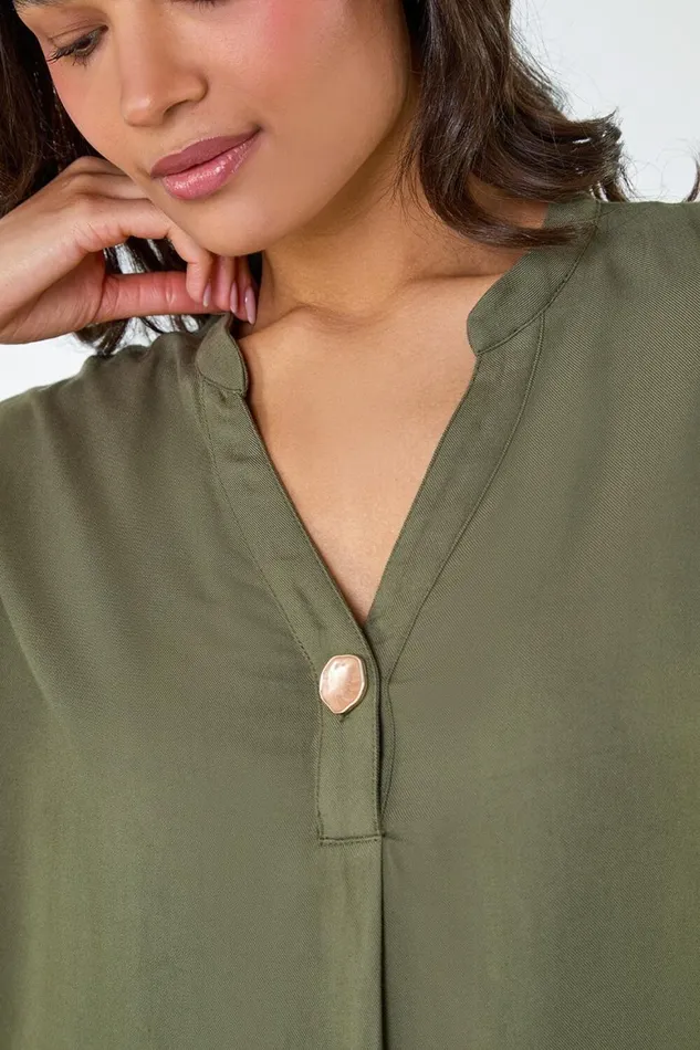Women Khaki Crystal Button Detail VNeck Top Roman Tops