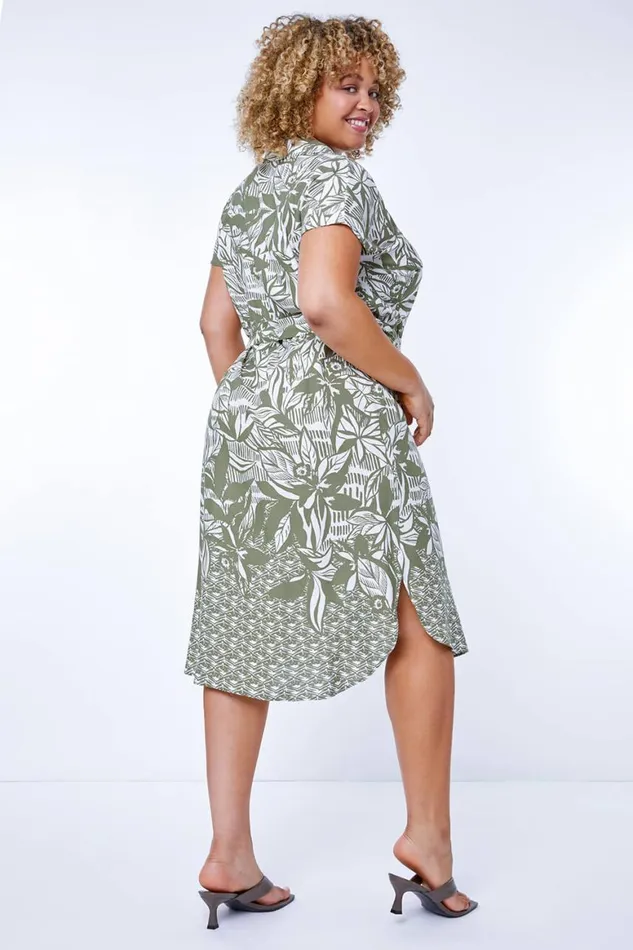 Women Khaki Curve Border Print Shirt Dress Roman Dresses