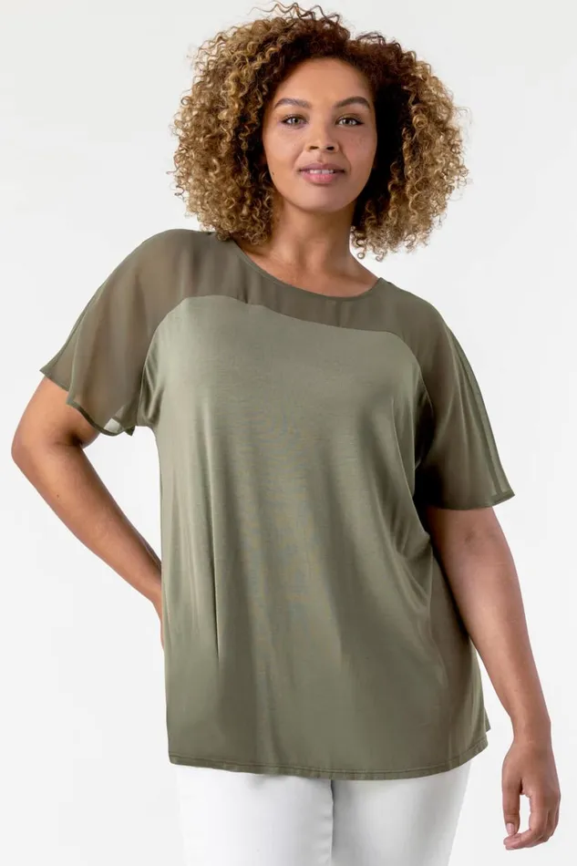 Women Khaki Curve Mesh Yoke Jersey Top Roman Tops