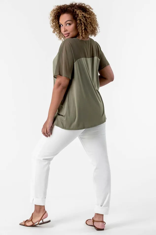 Women Khaki Curve Mesh Yoke Jersey Top Roman Tops