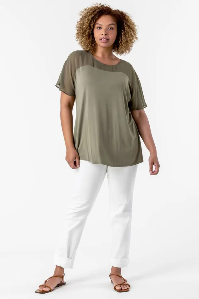 Women Khaki Curve Mesh Yoke Jersey Top Roman Tops