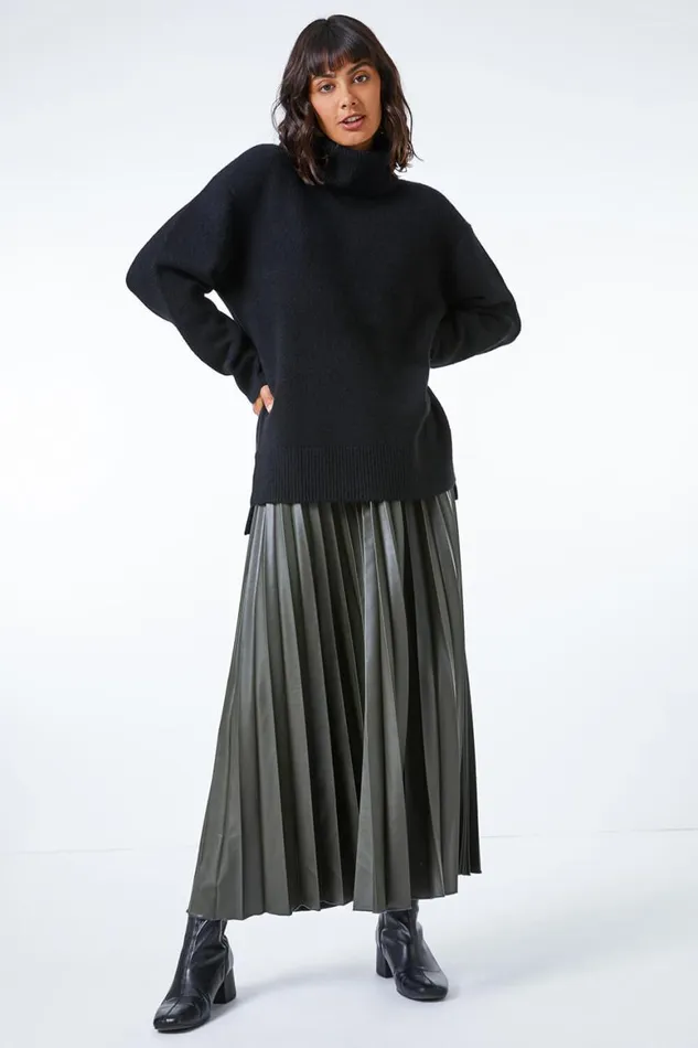 Women Khaki Faux Leather Pleated Elastic Waist Maxi Skirt Roman Skirts