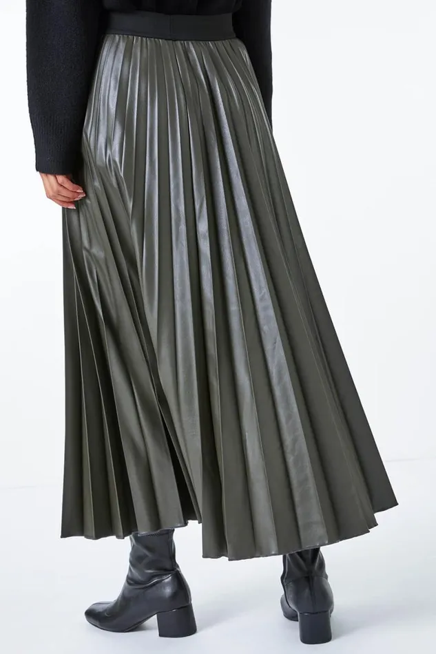 Women Khaki Faux Leather Pleated Elastic Waist Maxi Skirt Roman Skirts