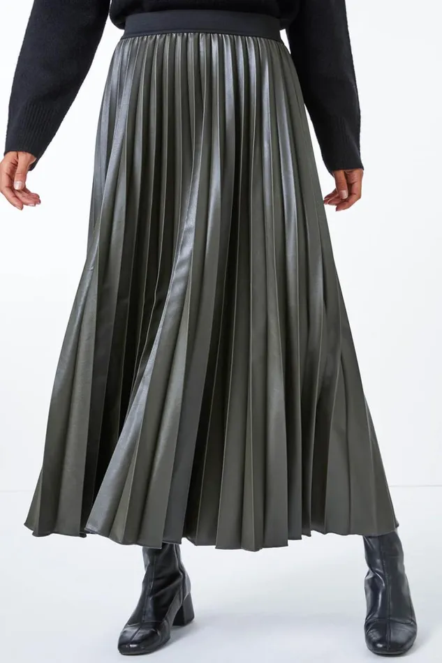 Women Khaki Faux Leather Pleated Elastic Waist Maxi Skirt Roman Skirts