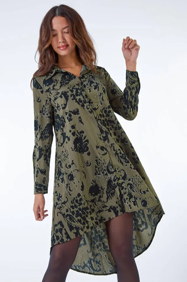 Women Khaki Oversized Animal Print Shirt Dress Roman Dresses